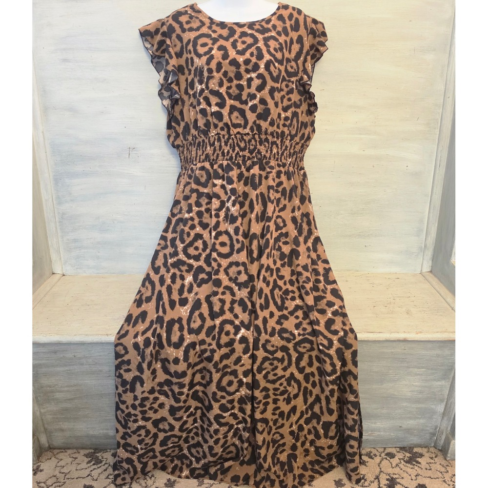SHEIN Curve Leopard Print Short Flutter Sleeve Smock Waist Maxi Dress 2XL LN